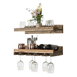 Del Hutson Designs Floating Wine Shelf and Glass Rack Set (Wall Mounted), Rustic Pine Wood Handmade (Walnut)