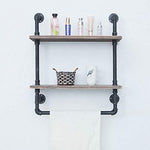 Industrial Bathroom Shelves Wall Mounted 2 Tiered,Rustic 24in Pipe Shelving Wood Shelf With Towel Bar,Black Farmhouse Towel Rack,Metal Floating Shelves Towel Holder,Iron Distressed Shelf Over Toilet