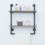 Industrial Bathroom Shelves Wall Mounted 2 Tiered,Rustic 24in Pipe Shelving Wood Shelf With Towel Bar,Black Farmhouse Towel Rack,Metal Floating Shelves Towel Holder,Iron Distressed Shelf Over Toilet