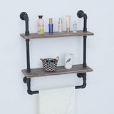 Industrial Bathroom Shelves Wall Mounted 2 Tiered,Rustic 24in Pipe Shelving Wood Shelf With Towel Bar,Black Farmhouse Towel Rack,Metal Floating Shelves Towel Holder,Iron Distressed Shelf Over Toilet