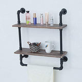 Industrial Bathroom Shelves Wall Mounted 2 Tiered,Rustic 24in Pipe Shelving Wood Shelf With Towel Bar,Black Farmhouse Towel Rack,Metal Floating Shelves Towel Holder,Iron Distressed Shelf Over Toilet