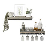 Del Hutson Designs Floating Wine Shelf and Glass Rack Set (Wall Mounted), Rustic Pine Wood Handmade (Walnut)