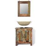 Festnight 24 Inches Bathroom Vanity Set Solid Reclaimed Wood Cabinet with Square Mirror Set Pure Handmade