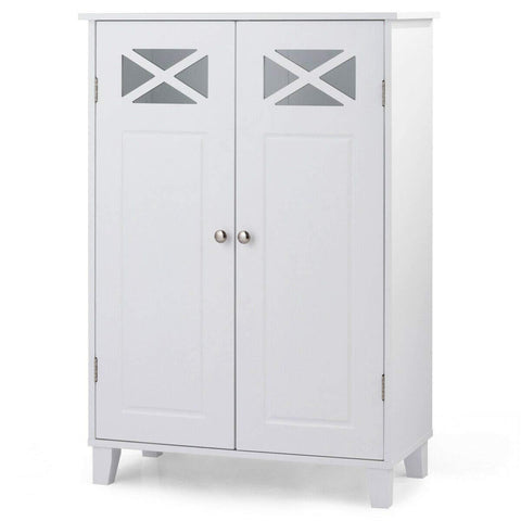 Tangkula Bathroom Floor Cabinet, Double Doors Wooden Free Standing Bathroom Cabinet, Adjustable Shelf Floor Storage Organizer (White)