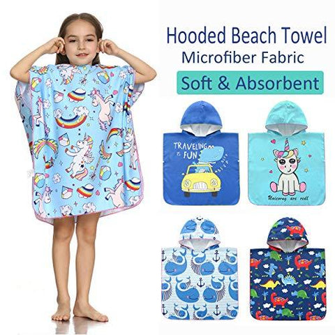 SpunKo Cute Dinosaur Kids Hooded Beach Towels for Little Girls Boys 1-6 Years Old Super Absorbent Hooded Bath Towel Soft Compact Pool Towel Poncho Cover Up Beach Present for Swimming Travel