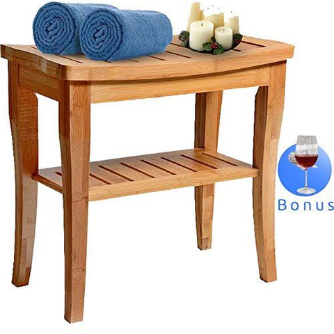 Bamboo Shower Bench Seat Wooden Spa Bath Deluxe Organizer Stool With Storage Shelf For Seating Chair Perfect For Indoor Or Outdoor - Plus Free Value Gift Including -One Year Warranty. By House...