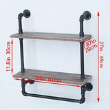 Industrial Bathroom Shelves Wall Mounted 2 Tiered,Rustic 24in Pipe Shelving Wood Shelf With Towel Bar,Black Farmhouse Towel Rack,Metal Floating Shelves Towel Holder,Iron Distressed Shelf Over Toilet