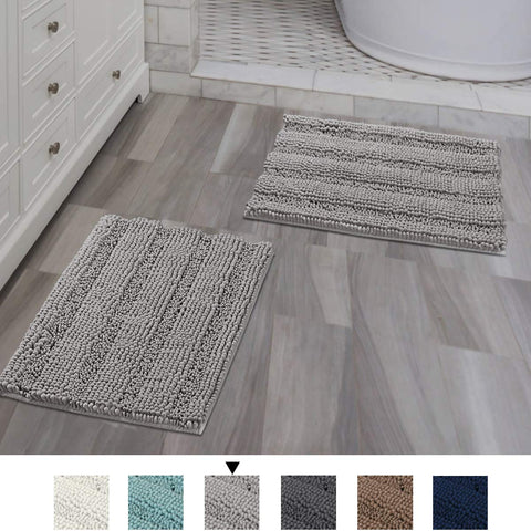 Navy Blue Bathroom Rugs Slip-Resistant Extra Absorbent Soft and Fluffy Striped Bath Mat Set Chenille Bath Rugs, Floor Mats Dry Fast Machine Washable (Set of 2-20" x 32"/17" x 24")