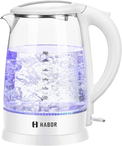 Habor Electric kettle, Water Boiler 1500W Fast Heating Tea Pot, 1.8 Quart (1.7 L) Blue LED Lights Bright Glass Body, Auto Shut-Off Boil-Dry Protection Stainless Steel Inner Lip