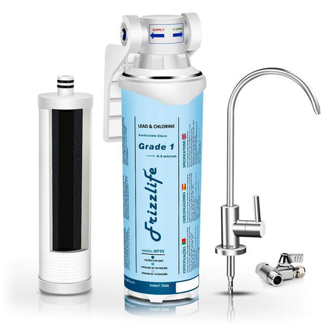 Frizzlife Under Sink Water Filter System-High Capacity Direct Connect Under Counter Drinking Water Filtration System-0.5 Micron Quick Change Removes 99.99% Lead, Chlorine, Bad Taste & Odor.