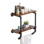 Ucared Industrial Pipe Shelves 2 Tiers Wall Mounted Shelves,Rustic Wall Shelf with Towel Bar,24" Towel Racks for Bathroom Organizer Storage,Wood Metal Wall Mounted Hanging Shelves