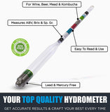 Chefast Hydrometer and Test Jar for Wine, Beer, Mead and Kombucha - Combo Kit of Triple-Scale Hydrometer, 250ml Plastic Cylinder, Cleaning Brush, Cloth and Storage Bag