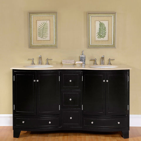 Silkroad Exclusive HYP-0703-CM-UWC-60 Marble Top Double White Sink Bathroom Vanity with Espresso Cabinet, 60", White