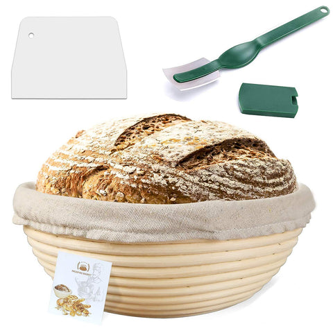 9 Inch Banneton Proofing Basket,WERTIOO Bread Proofing Basket +Bread Lame +Dough Scraper+ Linen Liner Cloth for Professional & Home Bakers