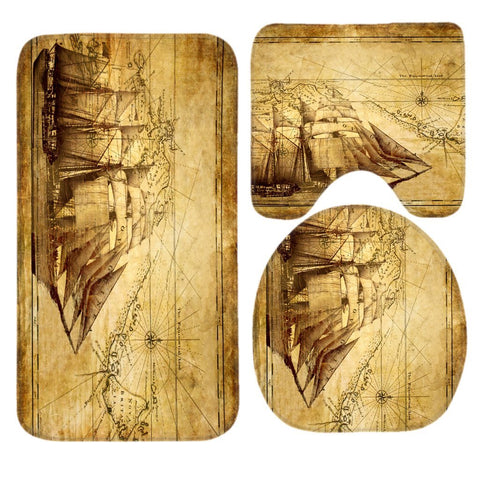 SSOIU 3 Piece Bath Mat Set Old Map Nautical Vintage Sailing Pirate Ship Non-Slip Bathroom Mats Contour Toilet Cover Rug