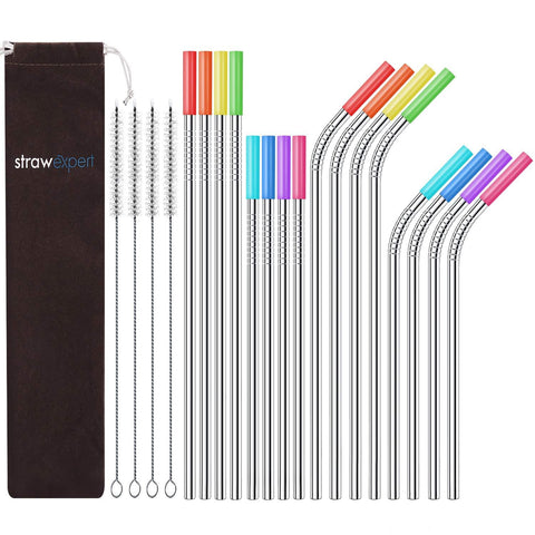 StrawExpert Set of 16 Reusable Stainless Steel Straws with Travel Case | Cleaning Brush | Silicone Tips Eco Friendly Extra Long Metal Straws Drinking for 20 24 30 oz Fit Yeti Tervis Rtic Tumbler