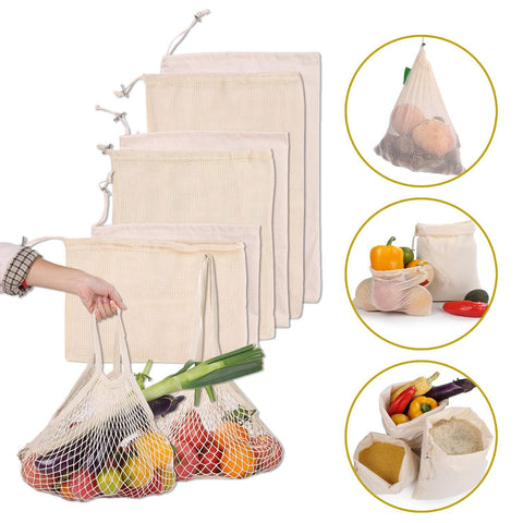 Reusable Produce Bags Set of 8, 100% Organic Cotton Grocery Shopping Drawstring Bag, Joyhill Zero Waste Washable Food Fruit Vegetable & Mesh Storage Bags