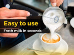 HoneyBull Handheld Milk Frother | Battery Operated Stainless Steel Whisk with Stand