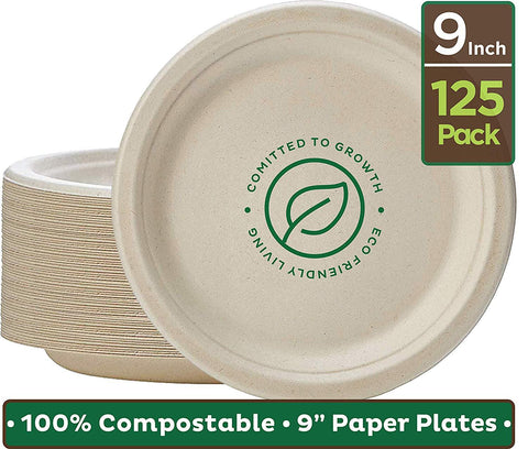 Stack Man 100% Compostable 9" Paper Plates [125-Pack] Heavy-Duty Quality Natural Disposable Bagasse, Eco-Friendly Made of Sugar Cane Fibers, 9-inch, Brown