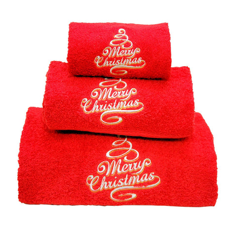 BgEurope Xmas Set of 3 Embroidered red Bath Towels – Ref. Merry Christmas