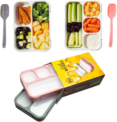 Bizz Bento Lunch Boxes with Spoon (2-Pack) 3 and 4-Compartment Leakproof Food Storage Container, Work, Home, School, Meal Prep, Portion Control, Dry or Liquid, Men, Women, Kids