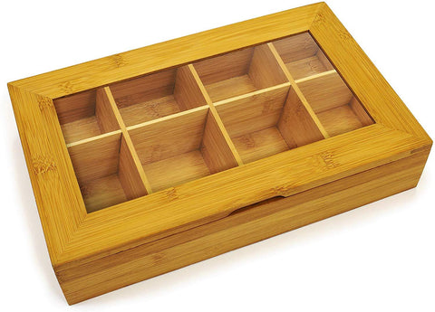 Bamboo Tea Box Storage Organizer With See Through Lid, 8 Adjustable Chest Compartments, Natural Bamboo Wooden Finish Tea Bag Organizer by Cooler Kitchen