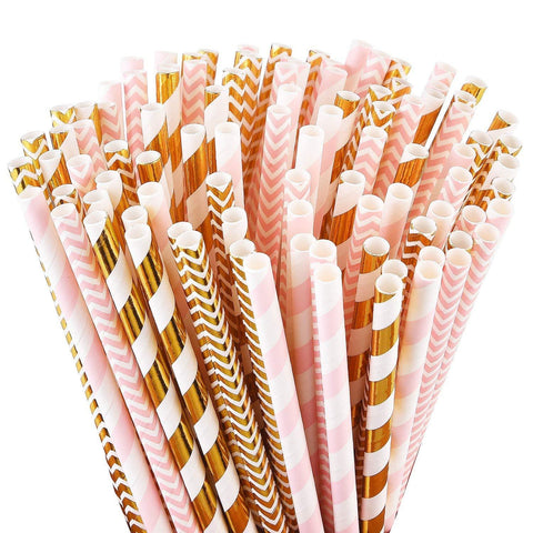 ALINK Biodegradable Paper Straws, 100 Pink Straws/Gold Straws for Party Supplies, Birthday, Wedding, Bridal/Baby Shower Decorations and Holiday Celebrations