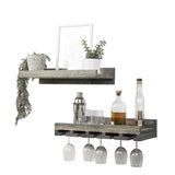 Del Hutson Designs Floating Wine Shelf and Glass Rack Set (Wall Mounted), Rustic Pine Wood Handmade (Walnut)