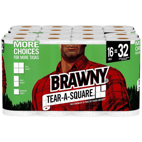 Brawny Tear-A-Square Paper Towels, 16 Rolls, 16 = 32 Regular Rolls, 3 Sheet Size Options, Quarter Size Sheets
